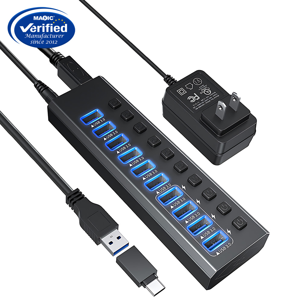 10-Port Powered USB 3.0 Hub with Individual Switches & 12V Power Adapter