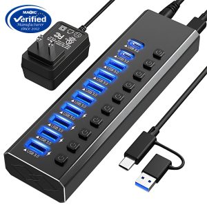 10-Port Powered USB 3.2 & 3.0 Data Hub with Individual On/Off Switches