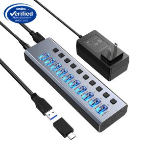 10-Port Powered USB 3.0 Hub with Individual Switches & Power Adapter