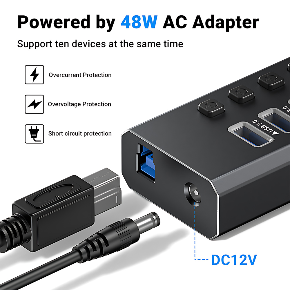 10-Port Powered USB 3.0 Hub with Individual Switches & 12V Power Adapter - 图片 2