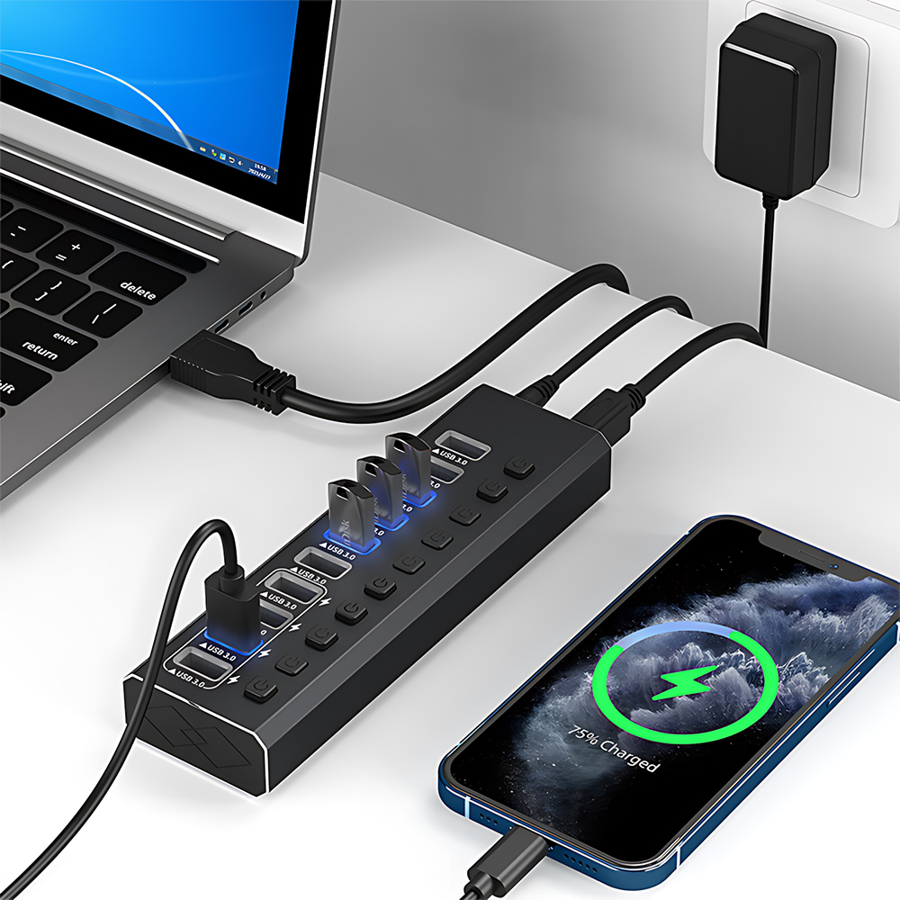 10-Port Powered USB 3.0 Hub with Individual Switches & 12V Power Adapter - 图片 3