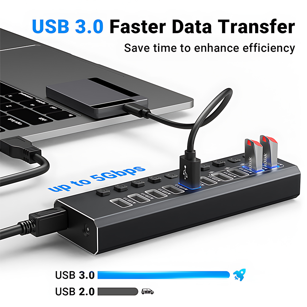 10-Port Powered USB 3.0 Hub with Individual Switches & 12V Power Adapter - 图片 4