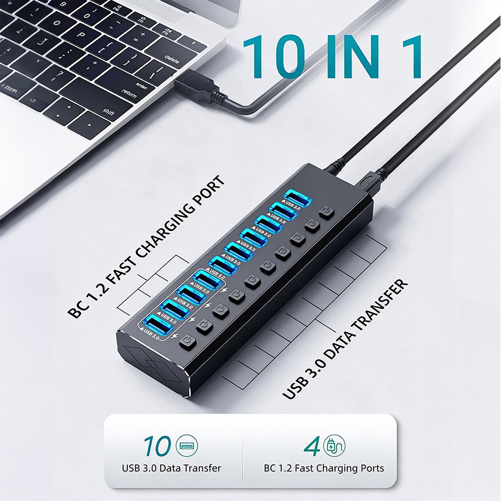 10-Port Powered USB 3.0 Hub with Individual Switches & 12V Power Adapter - 图片 6